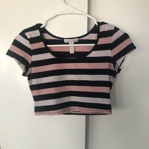 Ambiance Apparel Black, White and Pink striped crop top